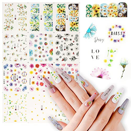 12 Blätter Gänseblümchen Nagelsticker, BOLASEN Nagel Wasserzeichen Aufkleber, Nagel Blumen Aufkleber, Wassertransfer Nagel-Kunst-Aufkleber, Nagelaufkleber für Nagelstudio DIY Dekoration