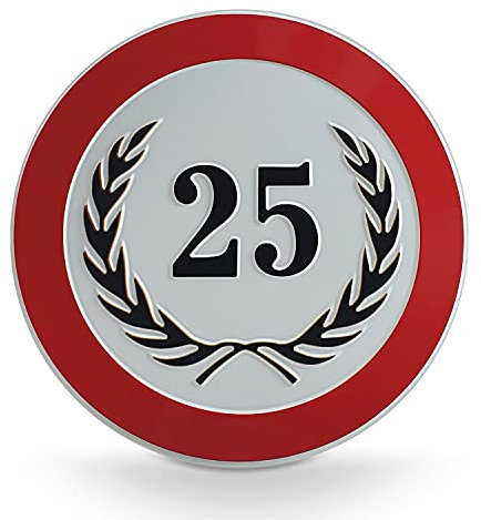 signodoo 25-jähriges Geburtstags- oder Jubiläumsschild mit schwarzem Lorbeerkranz - Aluminium, geprägt - Größe: Ø 31,5 cm - Geburtstagsgeschenke
