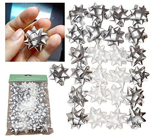 25-Pieces Mini Gift Wrapping Bows in Silver and White Colour, Christmas Metallic Gift Bows with Self-Adhesive Backing, Birthday Party Decoration (25Pk Small Confetti Bows)