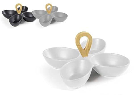 Antipastiera Vassoio in Ceramica con Manico in Legno 4 Scomparti 24 cm 3 Colori