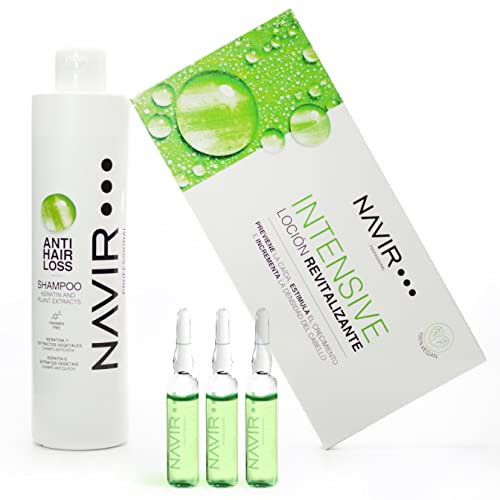 NAVIR Profesional | Ampollas Anticaida del cabello + Champú Anticaida | Tratamiento con Placenta Vegetal, Keratina y extractos vegetales | Mujer y Hombre (Champú 500 ml + Ampollas 10 x 10 ml)
