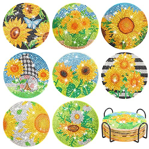 8 Stück Diamond Painting Untersetzer, DIY Sonnenblume Diamond Untersetzer mit Halter,Dekorative Hölzern Untersetzer mit Diamond Painting Kit für Erwachsene Kinder Anfänger