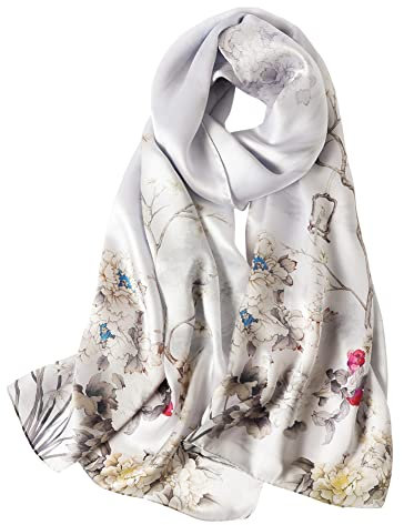 STORY OF SHANGHAI Seidenschal Damen 100% Seide, 20+ Bunte Luxuriöse Schals, Warm & Weich, als Stola Seidentuch Halstuch Pashmina - 53 * 170 cm,05 Neu Hellblau Blumen