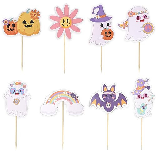 24pcs Halloween Cupcake Toppers, Cute Halloween Birthday Cupcake Toppers Ghost Bat Pumpkin Cupcake Liners Decorations with Toothpicks and Glue Points for Halloween Party Kids' Birthday (8 Styles)