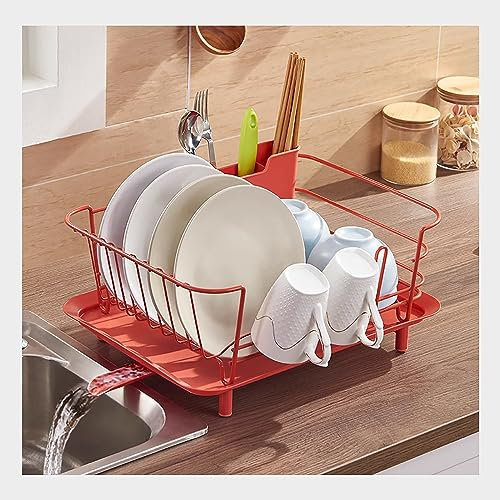 LONONE Estantes compactos para Platos para mostrador de Cocina, Estante para secar Platos Que Ahorra Espacio, Estante para secar Platos con escurridor pequeño,Rojo