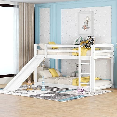Lit D'enfant Avec Toboggan Lit Superposé 90x200cm Avec Sommier À Lattes Et Protection Antichute Lit D'adolescent Pour Chambre D'enfant Lit Mezzanine Lit Au Sol Cadre Bois Massif Lit D'appoint Blanc