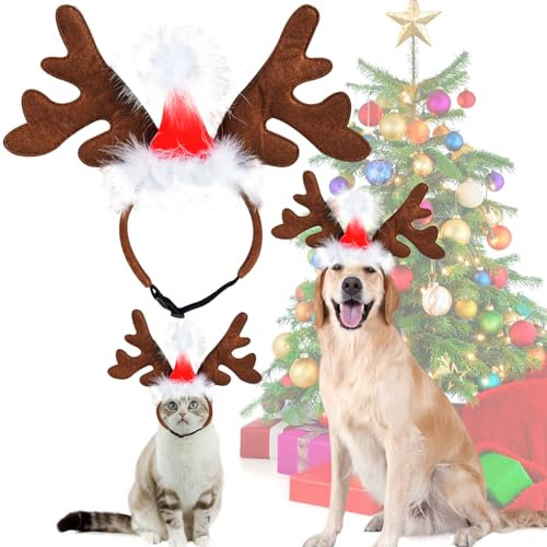 Weihnachten Haustier Stirnband Funmo Hund Rentier Geweih Stirnband,Haustier Kopfschmuck Haarreif,Katze Rentier Geweih Weihnachtskostüm,Elch Kopfbedeckung,Weihnachts Geschenk Kostüm Outfit für Hunde