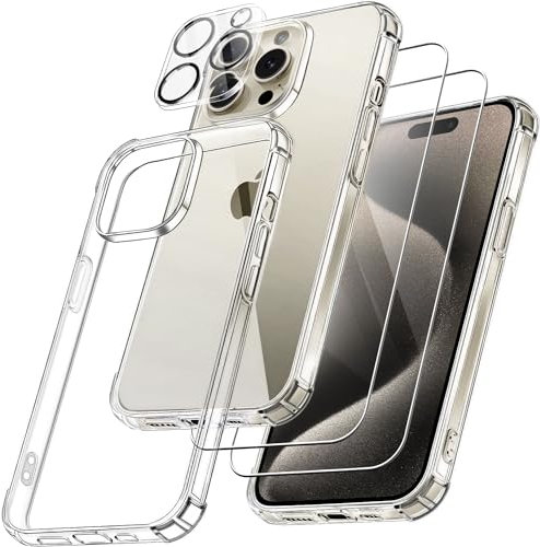 FLLAO 4 en 1 Coque pour iPhone 15 Pro Max avec 2 Verre Trempé et 1 Caméra Protecteur, [Coussin d'air Intégré] Antichoc Antirayures Protection Housse pour iPhone 15 Pro Max 6.7, Transparent