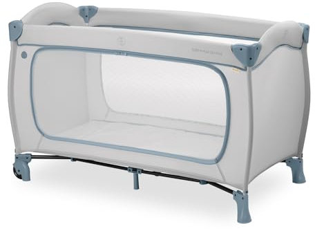 hauck Reisebett Sleep N Play Go Plus, Dusty Blue - Baby Kinderreisebett mit Rädern, Tragetasche, Faltboden und Großen Schlupf zum Spielen - ab Geburt bis 15 kg - Klein Zusammenklappbar