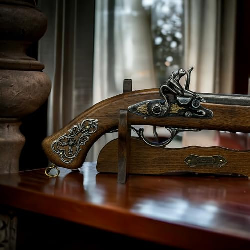 Steinschloss Pistole Mit Ständer oder Perkussions Pistole Holz und Metall Deko Waffen Replik LARP Reenactment historische Dekoration für einen Sammler oder Geschenk für Mann schießt Nicht (W160)