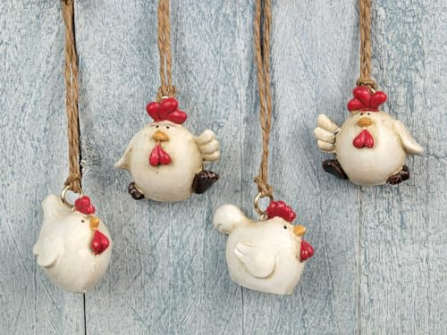 4er Set Deko Hänger - Hühner - Huhn Hahn Henne Polyresin Osterdeko Wanddeko Geschenkanhänger 3,5 x 2,5 x 3,5cm