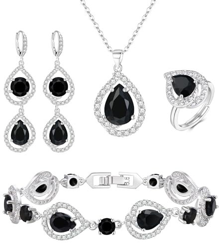 EVER FAITH 4 Stück Schmuck Set für Damen Teardrop Cubic Zirkonia Anhänger Halskette Ohrringe Tennis Armband und Offene Ring Sets für Party Hochzeit Schwarz Silber-Ton
