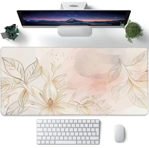 Grand tapis de souris de jeu minimaliste à fleurs et feuilles pour bureau XXL, sous-main de bureau à motif floral ligne dorée, tapis de souris pour clavier d'ordinateur étendu avec base antidérapante,