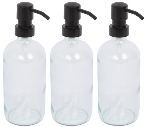 Harbour Housewares Clear Glass Soap Dispensers Pack of 3-500ml Refillable Bottles with Black Pumps - Bathroom and Kitchen Accessories for Hand Wash, Lotion or Washing Up Liquid