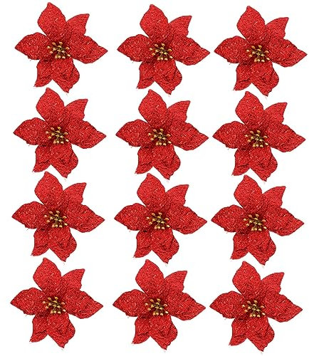 OUNONA Weihnachtsdekoration Künstliche Blume Aus Langlebigem Material Weihnachtsbaumschmuck Für Wohnzimmer Und Party 12 Stück Rote Simulierte Christblumen