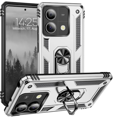 LBH Outdoor Hülle für Xiaomi Redmi Note 13 5G Armor Militär Stoßfest Handyhülle 360 Grad Metal Ring Halter Ständer Schutzhülle für Handyhalterung Auto Magnet Silber