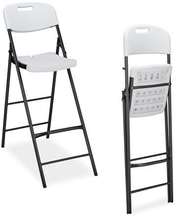 Relaxdays Sgabello Alto Pieghevole, Set da 2, 118 cm, Sedia con Schienale e Poggiapiedi, in Plastica e Acciaio, Bianco
