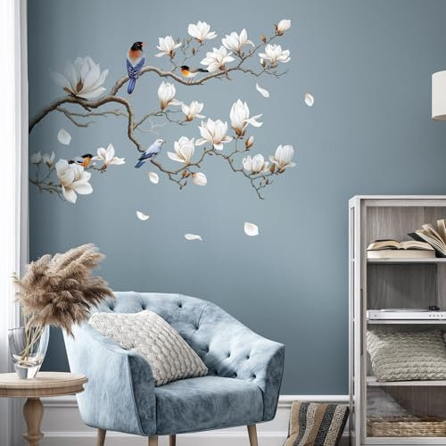 SHUCHING Stickers Muraux Magnolia Blanc, Autocollant Mural Oiseaux Fleurs Florales, Décoration Murale Salon Chambre - Gauche