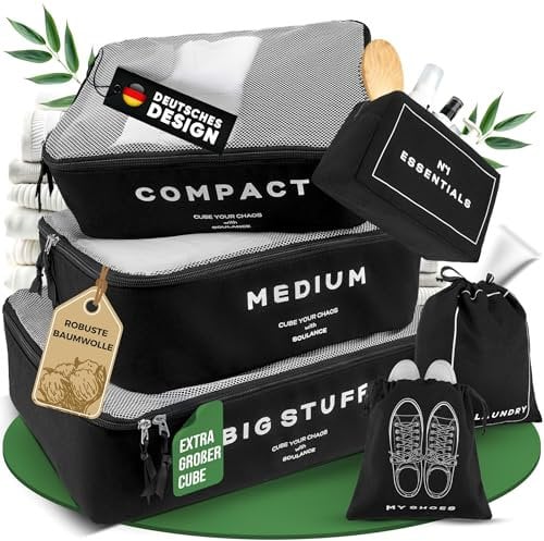 SOULANCE Packing Cubes [BAUMWOLLE] 6-teiliges Set, Koffer Organizer Set,Packwürfel,Rucksack Organizer,Backpack Organizer,Reise,Travel Essentials (Schwarz)