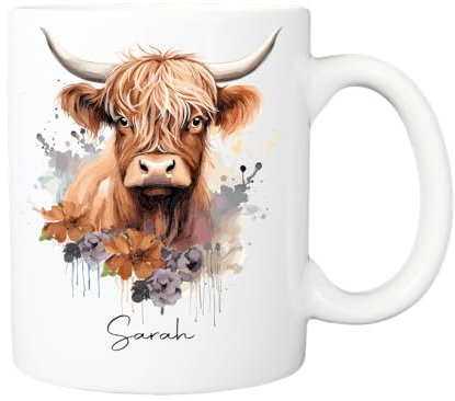 Personalised Highland Cow Coffee Mug - Cute Highland Cow Gifts Friend, Gift For Cow Lovers, Farm Animal Mug, Mothers Day Gifts, Funny Cow Gifts, Christmas, Birthday Gifts (Highland Cow Design 1)