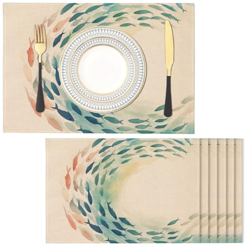 Platzsets Tischsets Bunte Fische 6er Set, Baumwolle & Leinen Tischuntersetzer, 45x30cm Gradient Platzsets Abwaschbar für Restaurant Café Zuhause