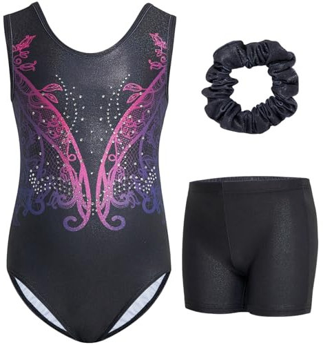 Gogokids Ärmelloses Gymnastiktrikot-Set für Mädchen, dreiteilig mit Shorts und Haargummi, Kinder Gymnastik Outfits mit Aushöhlen & überkreuztem Design, Glitzer Ballett-Einteiler für Alter 8-9