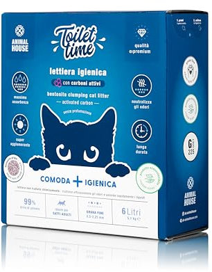 Animal House Toilet Time, 6L Bentonit-Katzenstreu mit Aktivkohle, antistatisch und sicher, extrem saugfähig, klumpend, geruchsbindend, 5,1 kg (Aktivkohle, 6L)