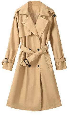 Vancavoo Trenchcoat Damen Lang Übergangsmantel Mantel Klassische Herbst Frühling Zweireiher Jacke Trench mit Gürtel Damenmantel Baumwolle Windjacke,Khaki,L