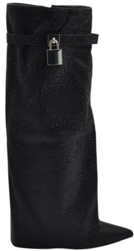 Stivali Donna al Ginocchio Shark a Punta in Tessuto Nero con Brillantini e Lucchetto Argento Zeppa 10cm Zip Nascosta (41 EU)