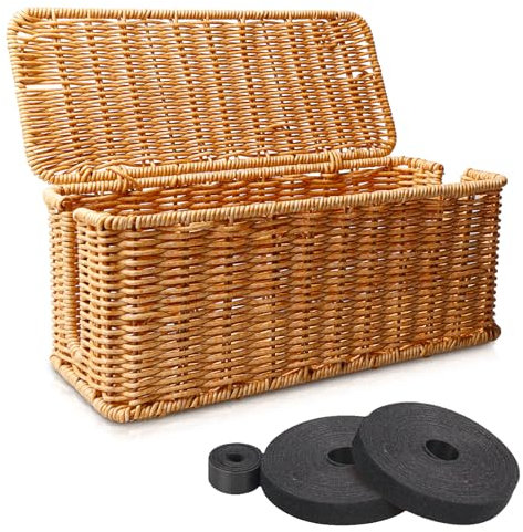 Behogan Kabelmanagement Box, Holzkabelbox mit 2 Bände Kabelbinder, Rattan Kabelmanagement Box, Handgemachte Kabelbox, Kabel Verstecken,Kabel Organizer Box für einen aufgeräumten Arbeitsbereich,Braun