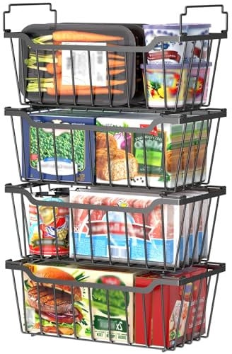 WELDUN Cestas de congelador con asa plegable, paquete de 6 organizadores apilables para congelador pequeño de 99 L y 198 L, contenedores de almacenamiento de metal con uso de espacio, color negro