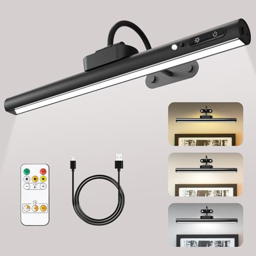 Rechargeable Picture Light with Motion Sensing, 4000mAh Battery Operated Wall Light with Timer & Memory & 3 Color Temps & Brightness Adjustable, Wall lamp for Dartboard Photo Mirror (15.7”, Black)