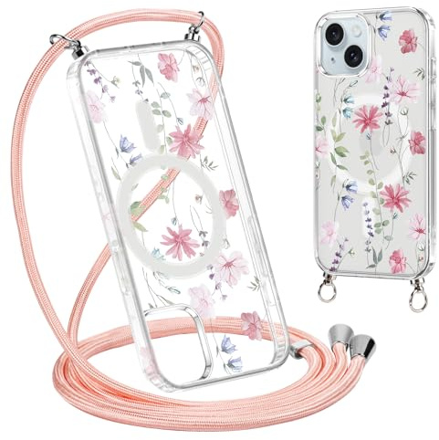 Krdvekm Funda con Cuerda para iPhone 15 6,1'', Aesthetic Flore Diseño Dibujos Magnética Transparente PC Compatible con MagSafe Carcasa con Cordón Colgante Collar Protector Choque Case, Rosa