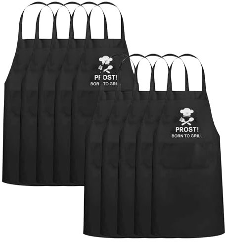 BlueXP 10 Stück Kochschürze Herren Grill Schürze Schwarze Schürze mit Tasche und lustigem “PROST BORN TO GRILL” Motiv für Männer Vater BBQ Küche Party Outdoor
