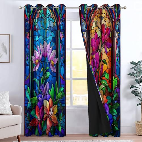 XCQHZYQ Vorhang Blickdicht Ösenvorhang Buntglas Stil Floral Verdunklungsvorhänge mit Ösen Thermo Gardinen Dekoschal Dekogardinen für Schlafzimmer Wohnzimmer 2er Set H 138 x B 117 cm, Bunt