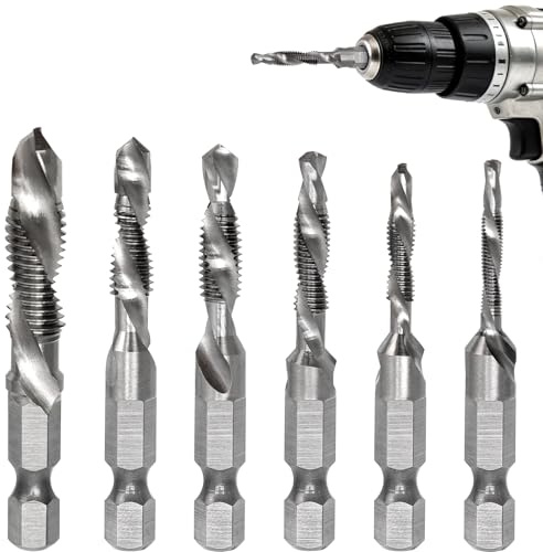 6 Stück Kombi Gewindebohrer Set M3 M4 M5 M6 M8 M10, HSS Schnellarbeitsstahl Sechskantschaft Bohrer Gewindeschneider Bits für Holz Kunststoff PVC Weichmetall Aluminium
