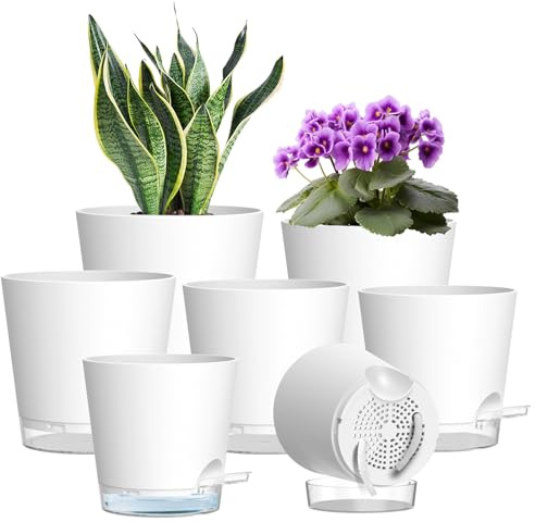WSMKSZ 7er Set Selbstbewässerungstöpfe, 10-20 cm, Sichtbarer Wasserstand | Kunststoff Blumentopf Selbstbewässernd mit Mehrere Ablauflöcher und Transparentem Wasserreservoir, für Innen Außen, Weiß