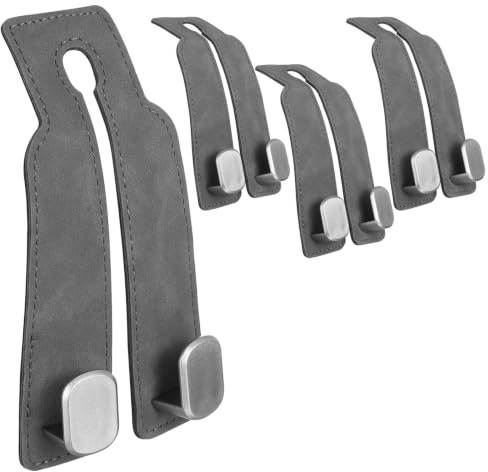 ANBEEISS 4 Pack 360° Swivel Car Headrest Hooks, Dual Hook | Grey leather & ABS backseat storage hangers for handbags, shopping bags. 360° swivel dual hook car seat organiser, 4 pack.