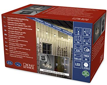Konstsmide LED Biergartenkette, klar, mit 6h Timer, 5 klare Birnen / 40 warm weiße Dioden, batteriebetrieben, Außen (IP44), schwarzes Kabel, 4 x AA 1.5V (exkl.) - 2372-100
