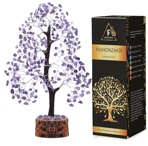 FASHIONZAADI Amethyst Gemstone Bonsai Money Chakra Tree Feng Shui Crystal Chakras Stone Healing Crystals Trees Good Luck Home Office Table Décor Health Prosperity Size 10-12 inch (Silver Wire)