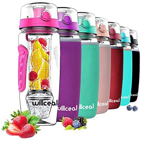 willceal Bouteille d'eau pour infuseur de Fruits 32 oz Durable avec Boule de Gel Amovible, Grande - Tritan sans BPA, Couvercle à Rabat, Protection Anti-fuites - Sports, Camping (Rose)