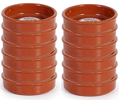 Pack de 12 cazuelas redondas de barro, diámetro exterior 13.9 cm, diámetro interior 12.3 cm, aptas para vitro y horno