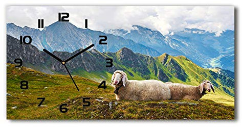 Tulup Wanduhr aus Glas 60x30 cm Glas Uhr Bild Glasuhr Gehärtetes Glas Küchenuhren - Schwarze Zeiger - Schafe in den Alpen
