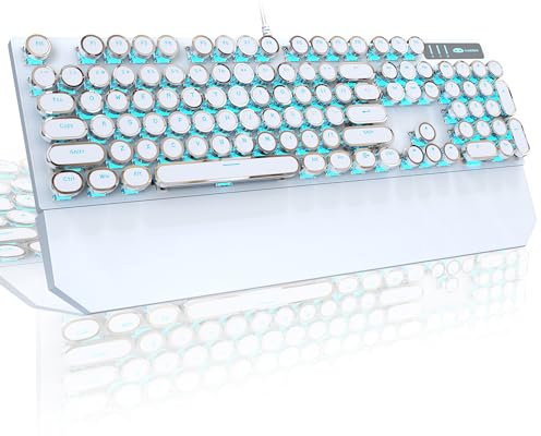 Typewriter Mechanical Gaming Keyboard,MageGee Retro Punk Round Keycap LED White Backlit USB Wired Keyboards for Game and Office, for Windows Laptop PC Mac (Blue Switches/White)