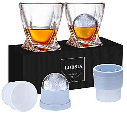 Whisky Gläser, 4er Set (2 Kristallgläser, 2 große Eiskugelformen) in Geschenkbox – 320 ml Whiskey Gläser für Scotch, Cocktail, Rum, Bourbon, Cognac, Wodka und Likör – Einzigartige Geschenke für Männer