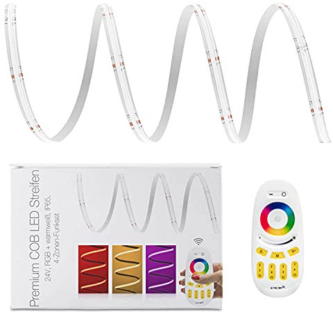LED Universum COB LED Streifen 4 Zonen Set RGB-W mit Funkfernbedienung, Controller & Netzteil Band Strip Premium Filament 24V LED Streifen IP20 RGB-WW bunt (7 Meter)