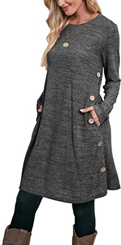 Aokosor Jumper Dress for Women Long Sleeve Dress Ladies Button Tunic Dress with Pockets Dark Grey Size 22-24