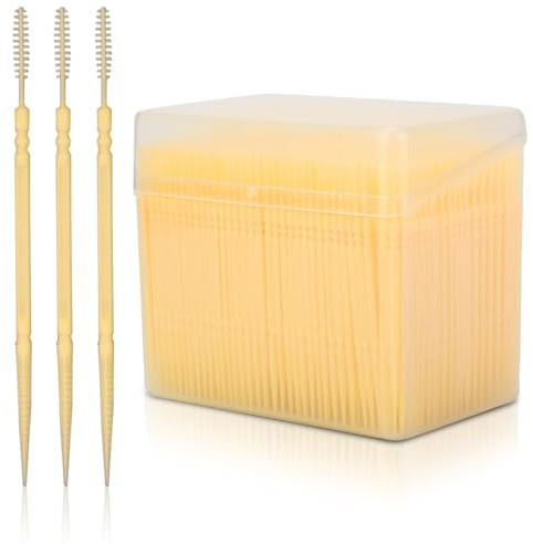 1100 Stück Kunststoff-Zahnstocher, runde Doppelkopf-Zahnstocher, runde Zahnreinigungsseide, Zahnseide, Zahnstift, Interdentalbürsten, Party-Zahnstocher mit Aufbewahrungsbox für die Mundpflege (gelb)