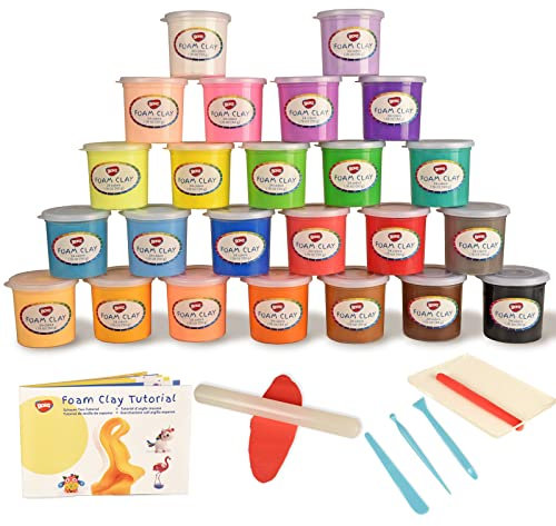 BOHS Modeling Foam Clay Tools Kit (Clay Wt. 2.65 lbs), Squishy and Air Dry, School Crafts Project Supplies, Party Favors,Slime Making 24 Colors with Tools, Roller, and Cylinder Shaping Sheet