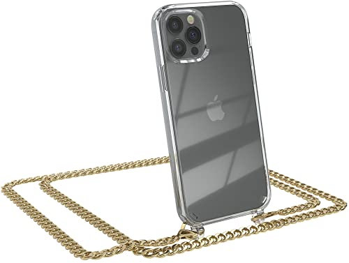 EAZY CASE Handykette kompatibel mit iPhone 12/12 Pro Handyhülle mit Metal Umhängeband und Ersatz Kordel schwarz, Handykordel mit Schutzhülle, Stylische Kette, Metal - Gold